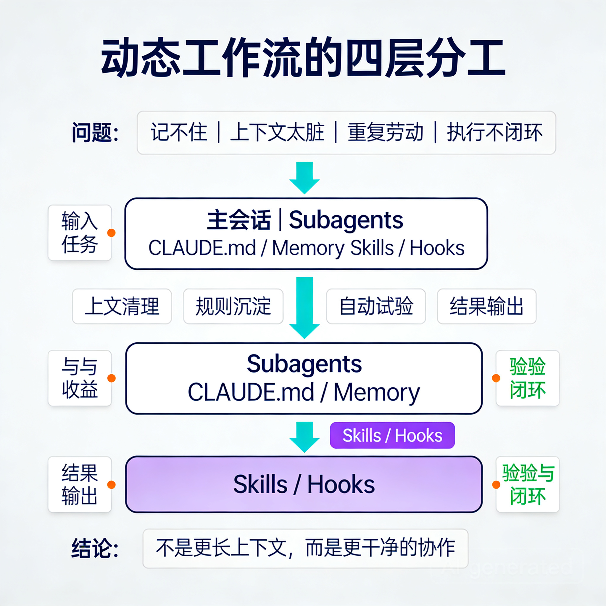 Claude Code 动态工作流四层结构信息图，展示主会话、Subagents、记忆与自动化之间的分工。
