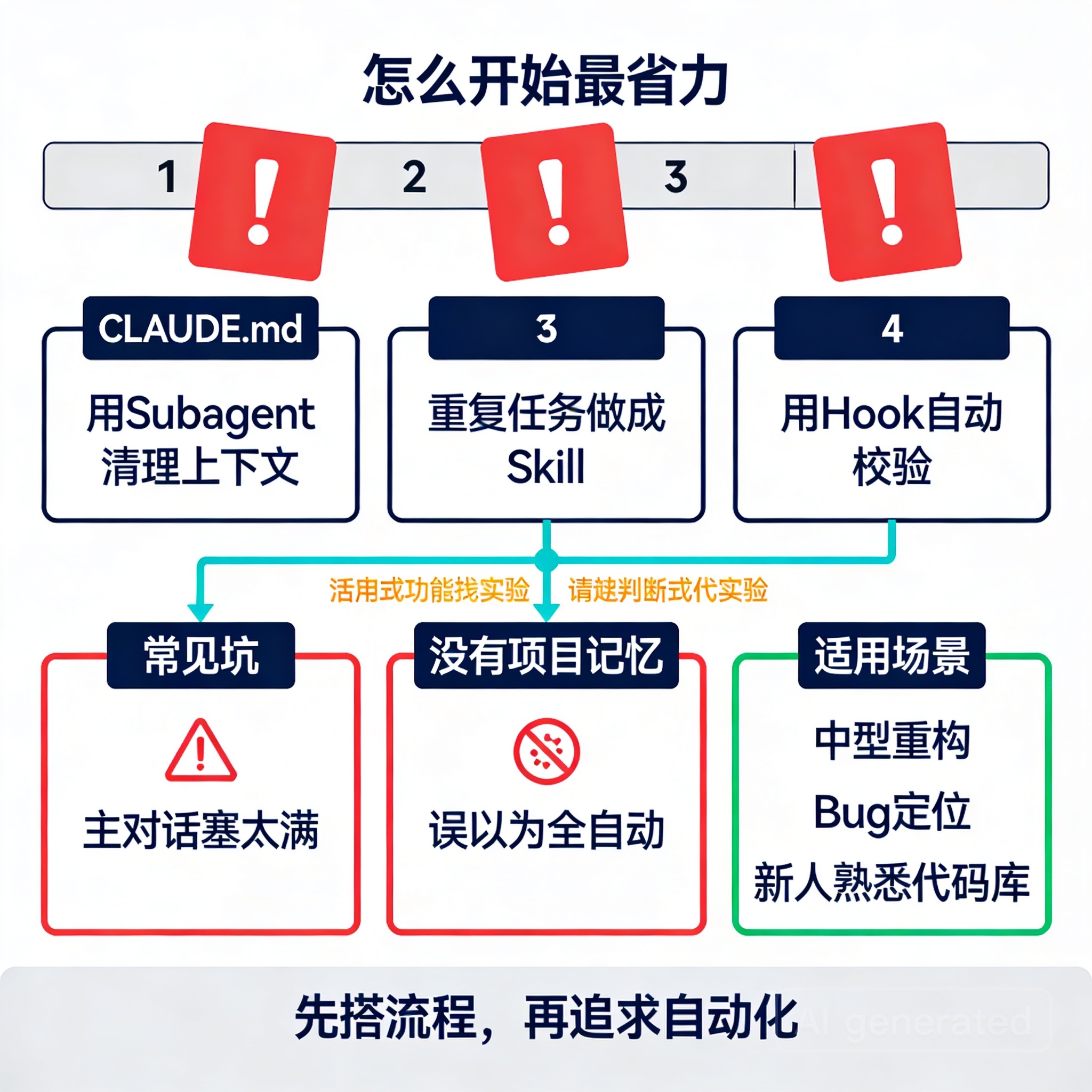 Claude Code 动态工作流落地步骤与避坑总结信息图，包含四步上手、三类任务和三个常见坑。