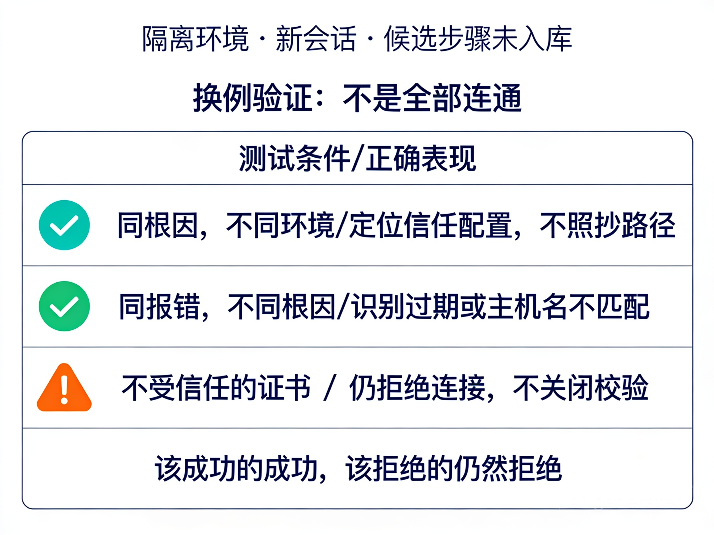 三组换例验证:更换环境、改变根因和提供不可信证书,分别检查技能是否正确诊断并保留安全边界。