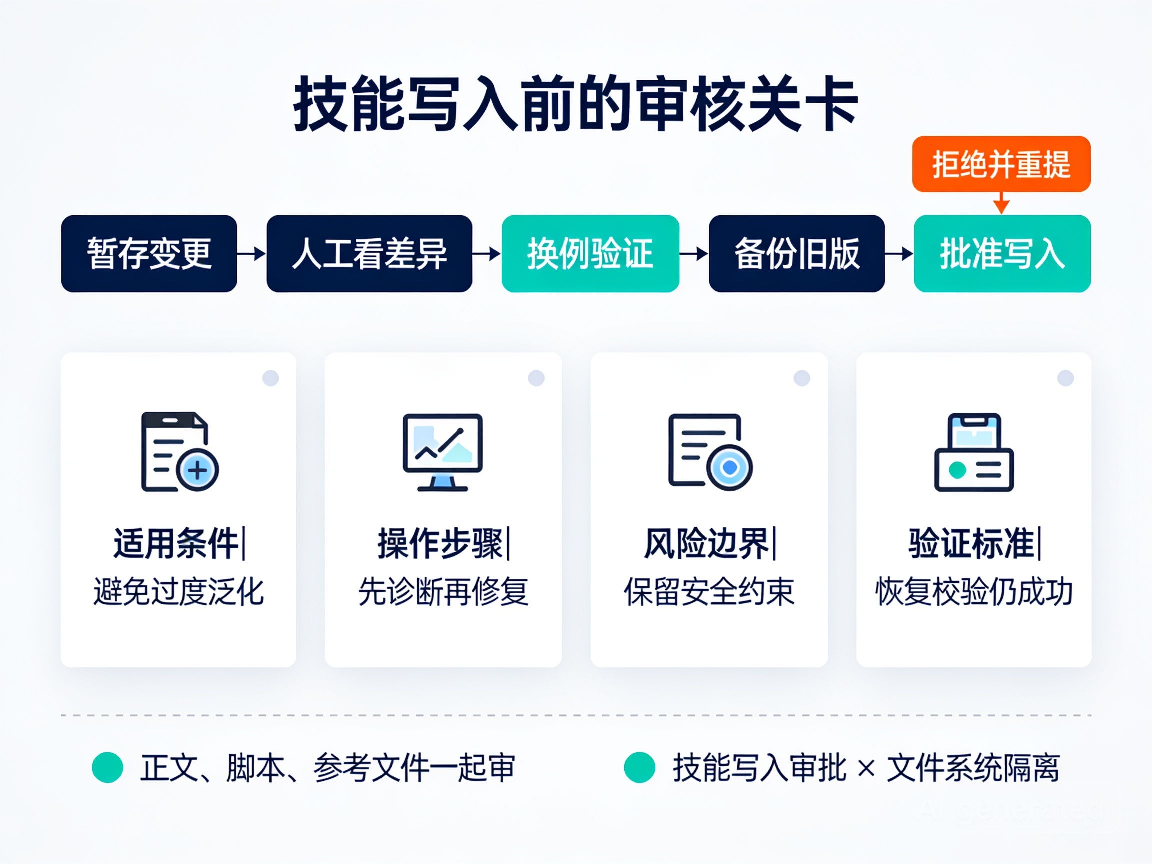 技能变更从暂存到批准的五道关卡,以及适用条件、操作步骤、风险边界和验证标准四项审核重点。