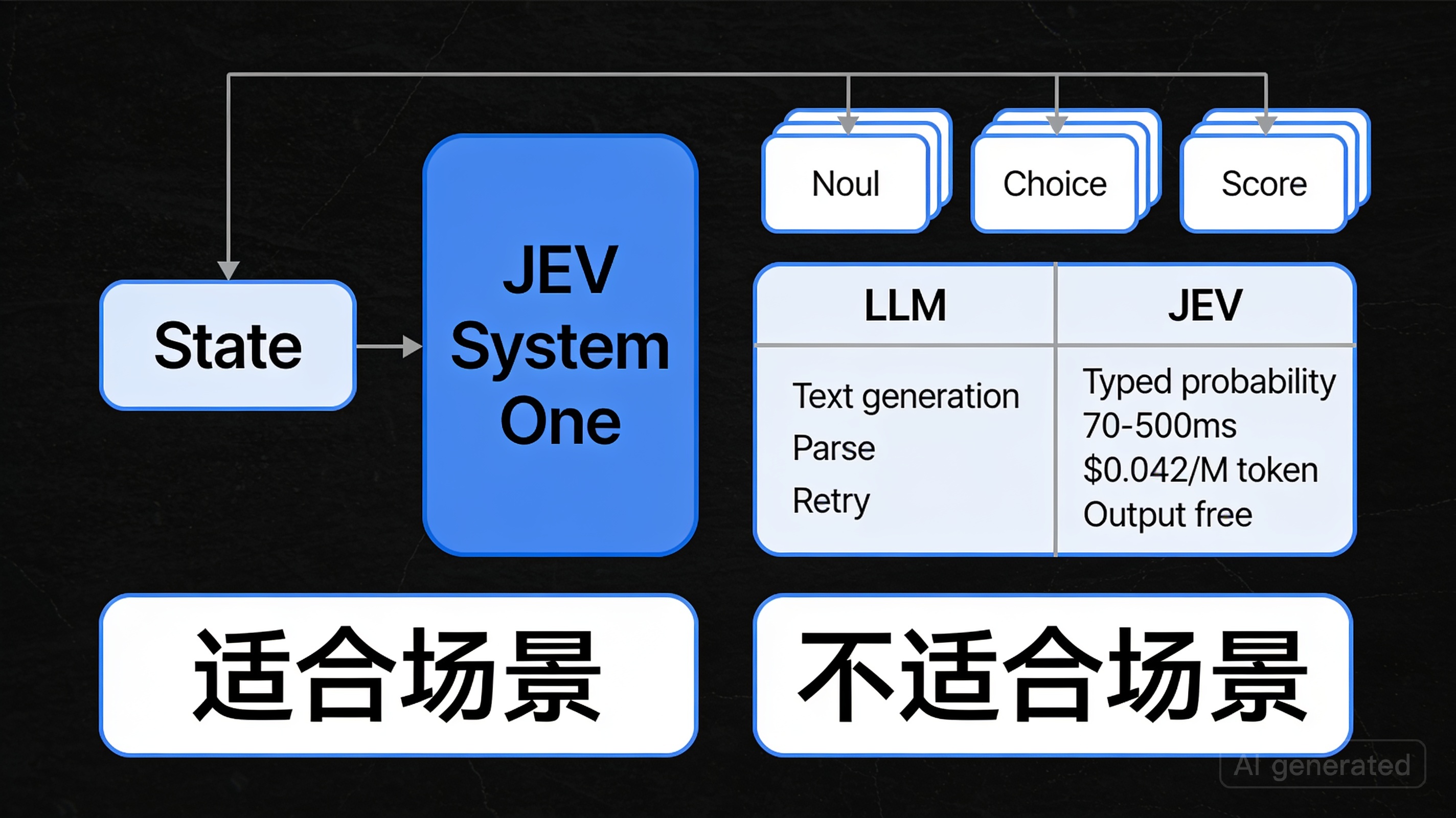 JEV 输入输出、三种原语、成本延迟与适用场景总览信息图
