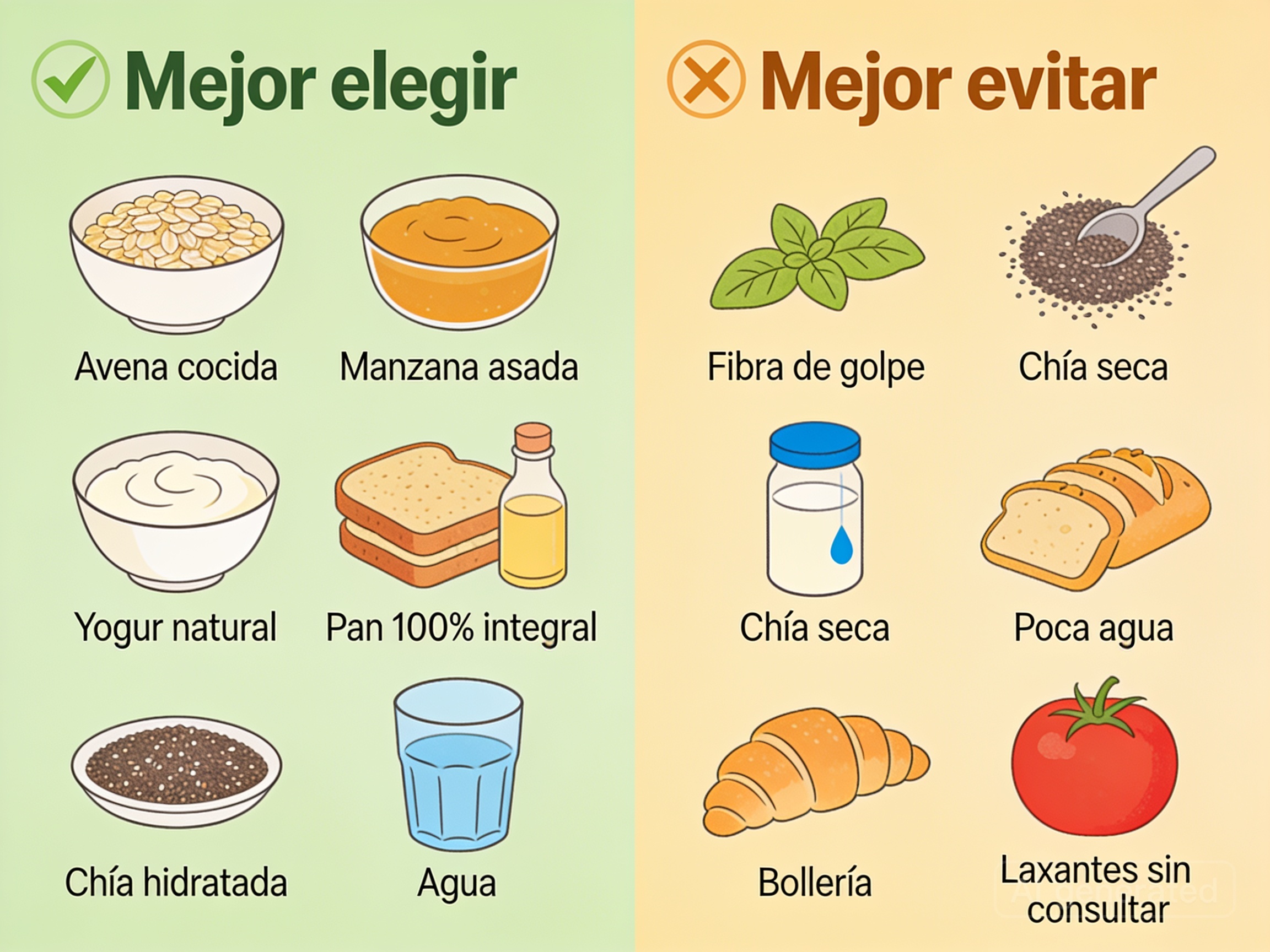 Comparativa de alimentos recomendados y precauciones en un desayuno para el estreñimiento en personas mayores