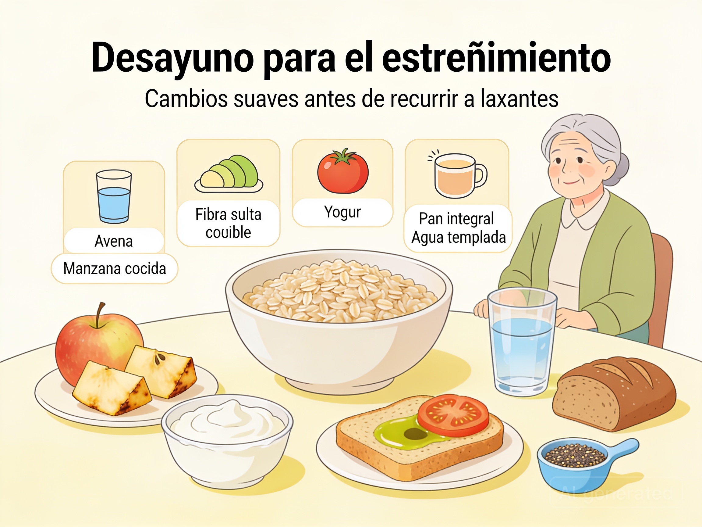 Desayuno para el estreñimiento en personas mayores con avena, manzana cocida, yogur, pan integral y agua templada