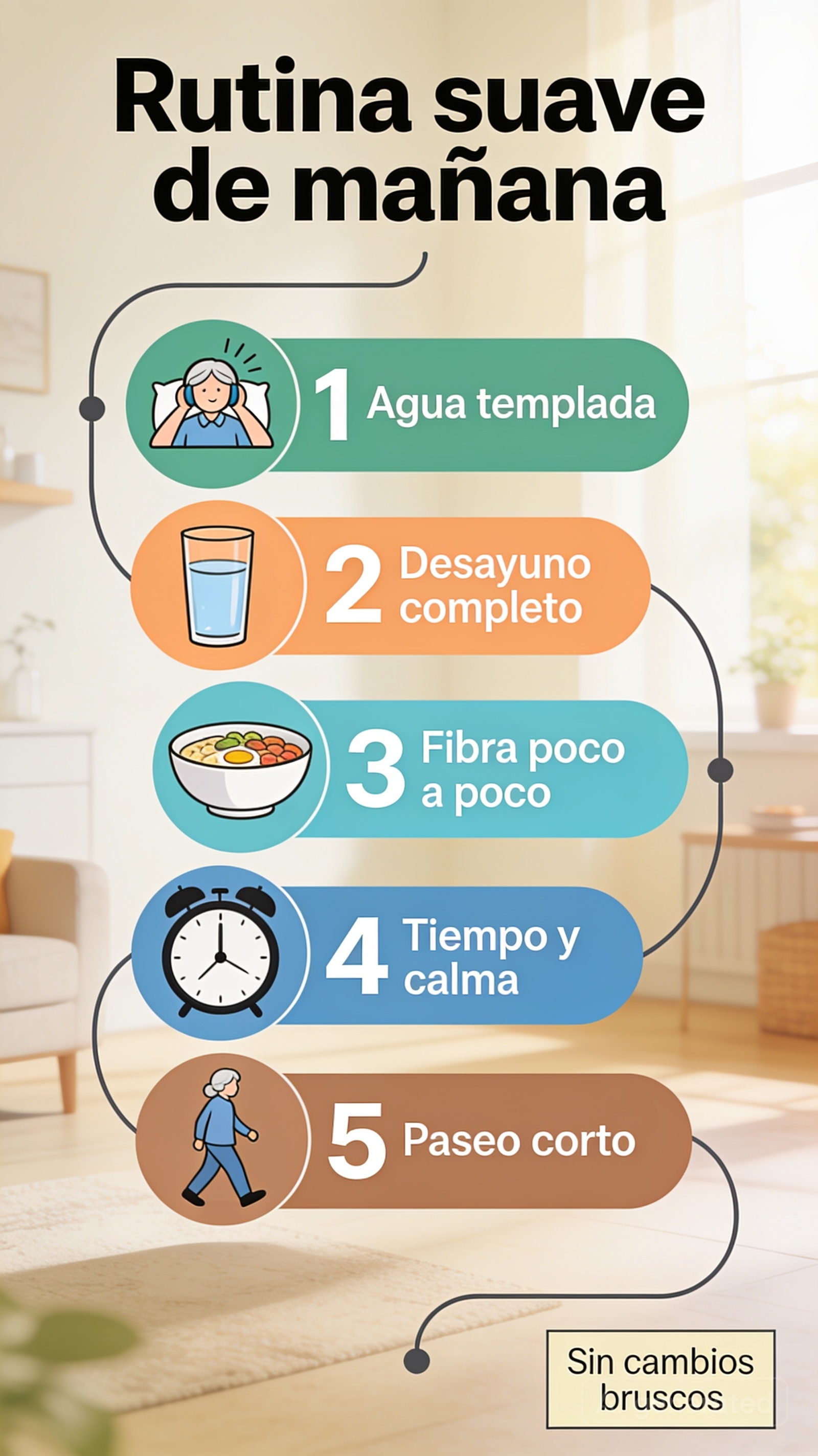 Rutina matinal suave con agua templada, desayuno completo, fibra gradual y paseo para personas mayores con estreñimiento
